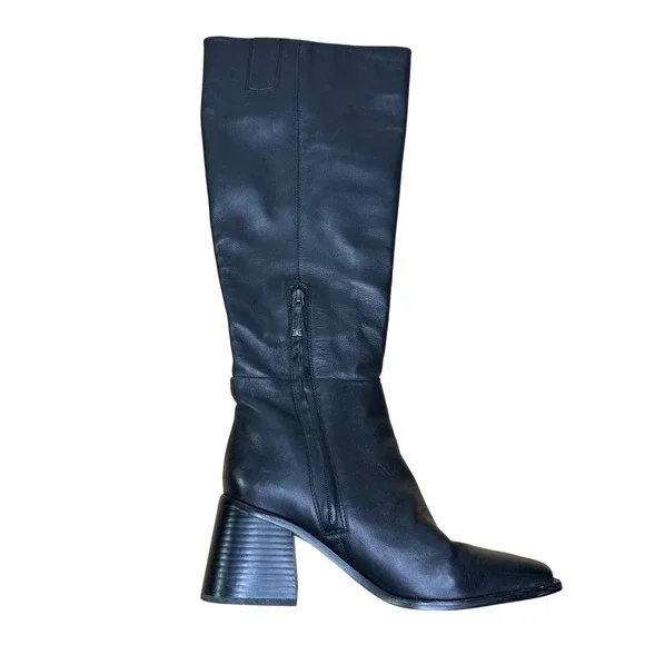 Sam Edelman Wade Boots Women's 8 Black Leather Square Toe Block Heel Knee High - Picture 1 of 13